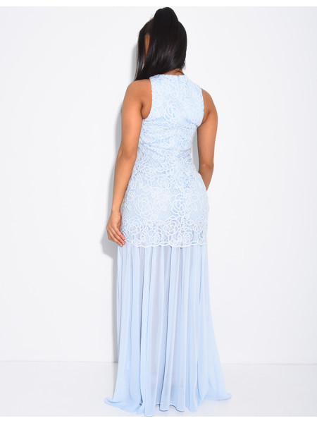 Robe maxi en dentelle & voile plissé sur le bas
