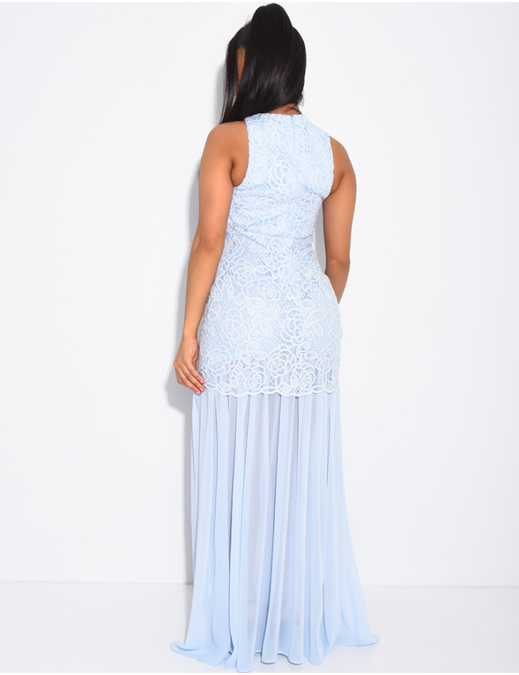 Robe maxi en dentelle & voile plissé sur le bas