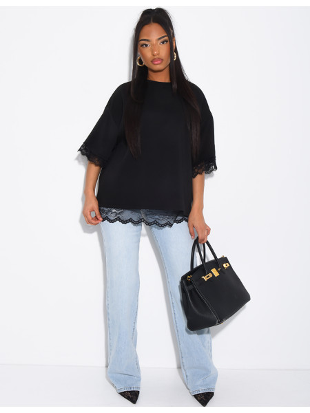 T-shirt à doublure en dentelle et fendu dans le dos