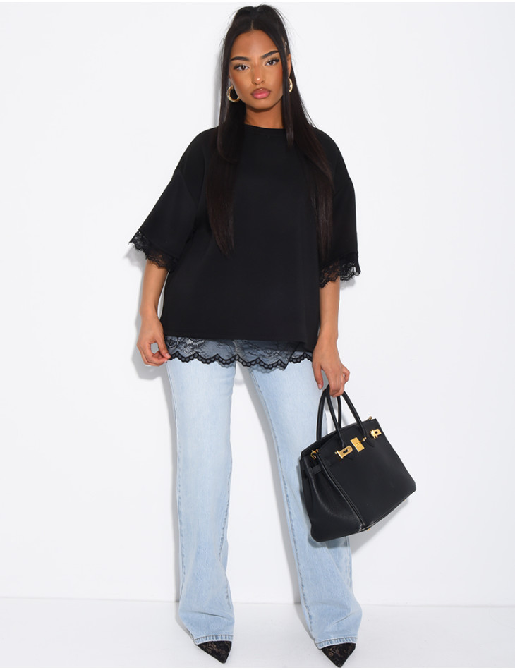 T-shirt à doublure en dentelle et fendu dans le dos