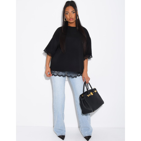 T-shirt à doublure en dentelle et fendu dans le dos