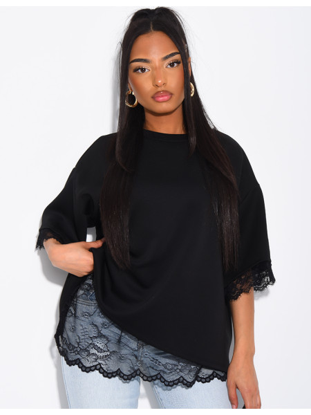 T-shirt à doublure en dentelle et fendu dans le dos