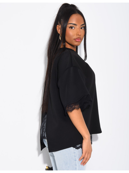T-shirt à doublure en dentelle et fendu dans le dos