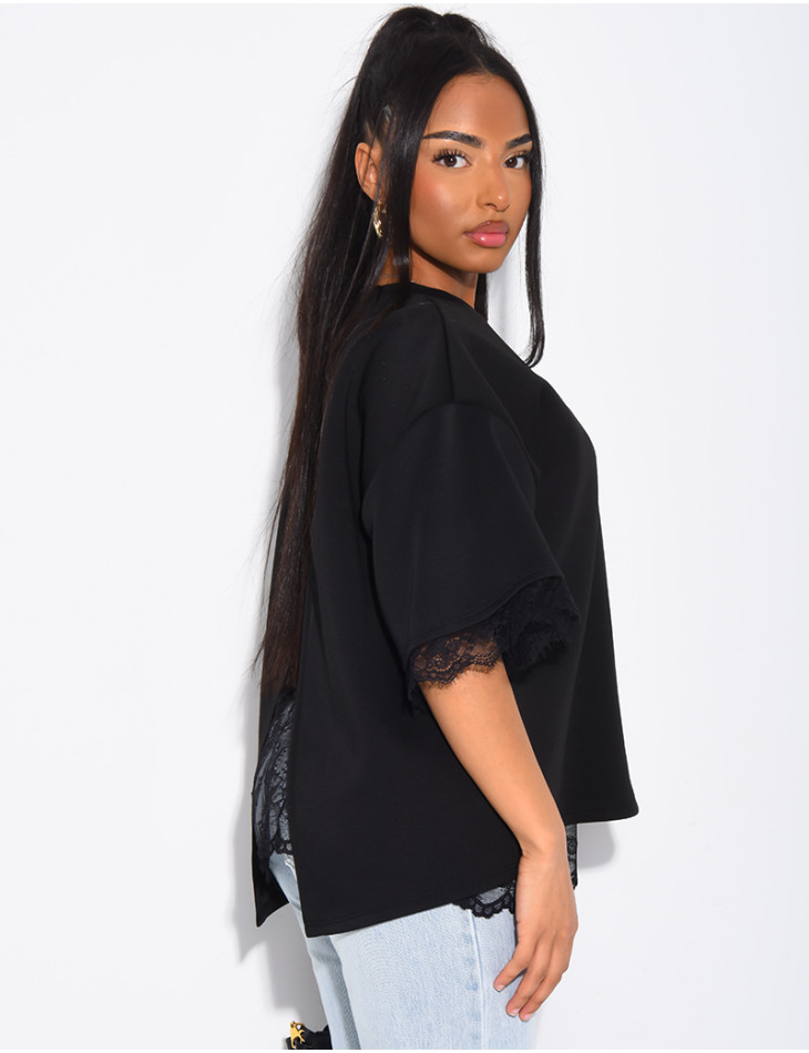 T-shirt à doublure en dentelle et fendu dans le dos