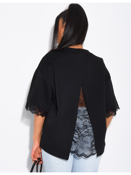 T-shirt à doublure en dentelle et fendu dans le dos