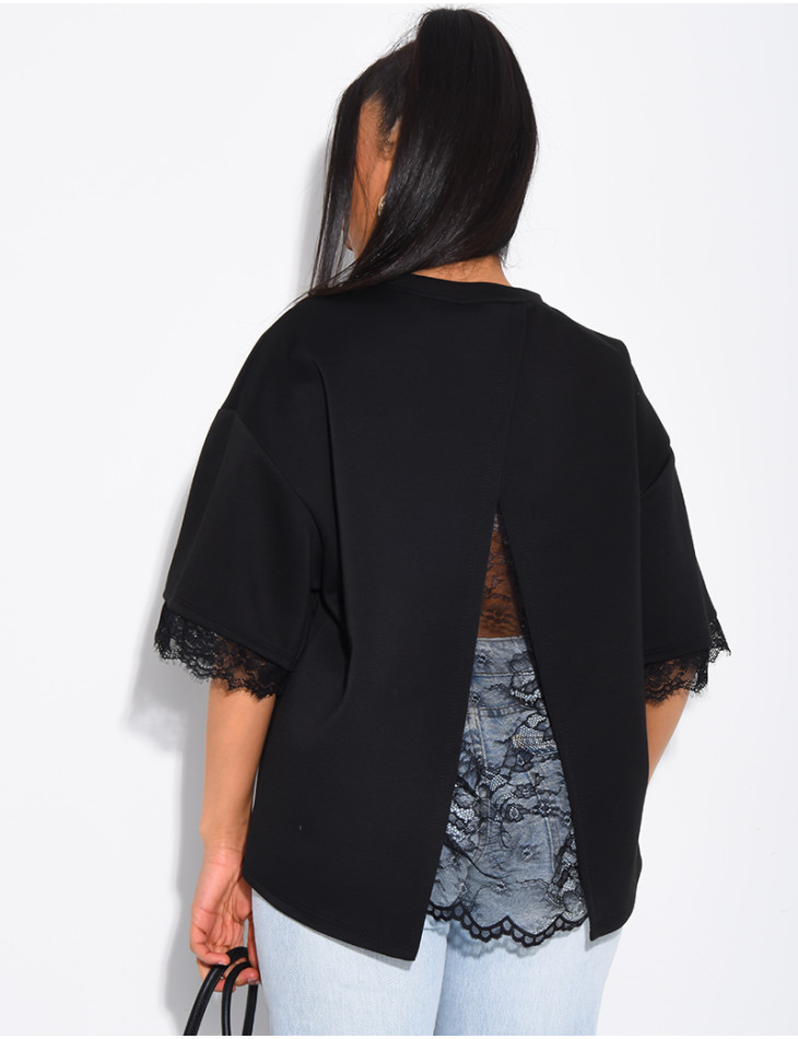 T-shirt à doublure en dentelle et fendu dans le dos