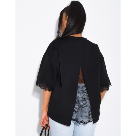 T-shirt à doublure en dentelle et fendu dans le dos