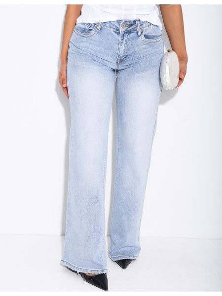 Jeans taille basse wide leg à poches rabattues