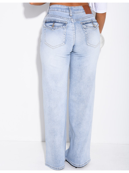 Jeans taille basse wide leg à poches rabattues
