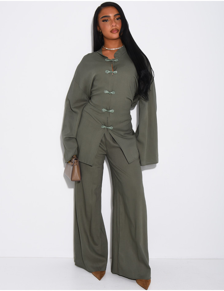 Leinen-Set aus Hemd mit Knopfleiste und Hose