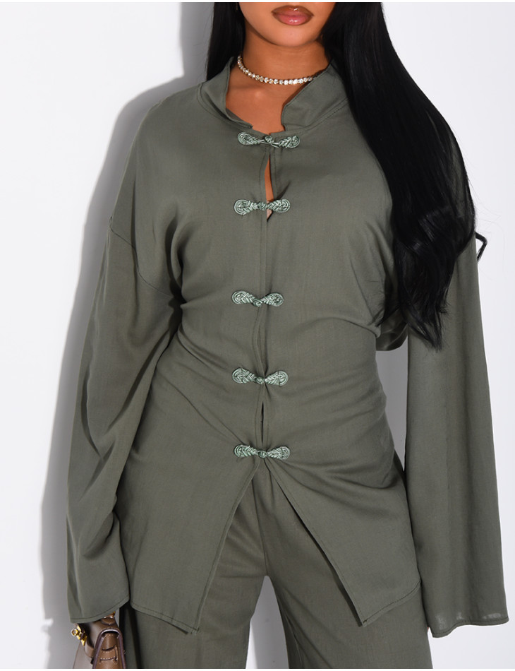 Leinen-Set aus Hemd mit Knopfleiste und Hose