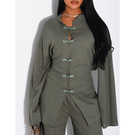 Leinen-Set aus Hemd mit Knopfleiste und Hose