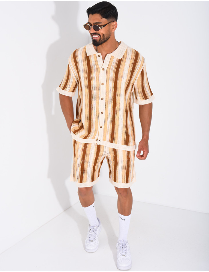 A set comprising openwork shorts and a short-sleeved striped shirt