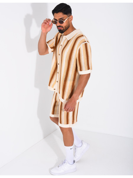 A set comprising openwork shorts and a short-sleeved striped shirt