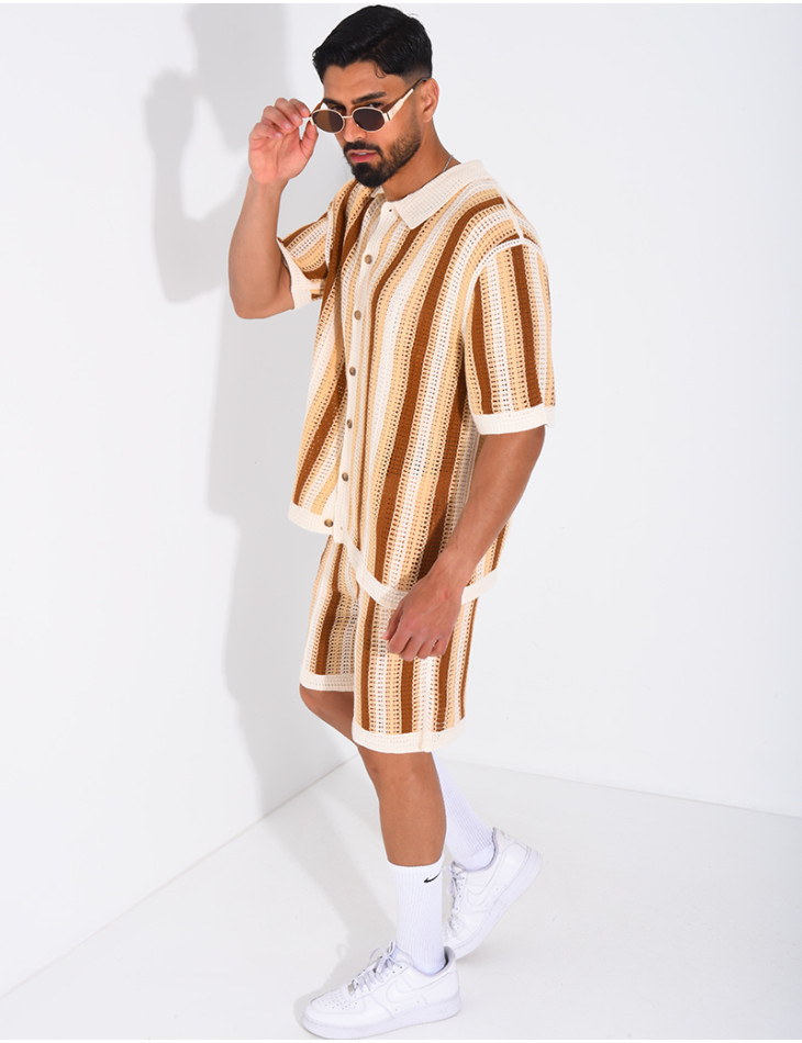 A set comprising openwork shorts and a short-sleeved striped shirt