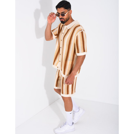 A set comprising openwork shorts and a short-sleeved striped shirt