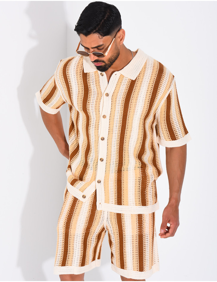A set comprising openwork shorts and a short-sleeved striped shirt
