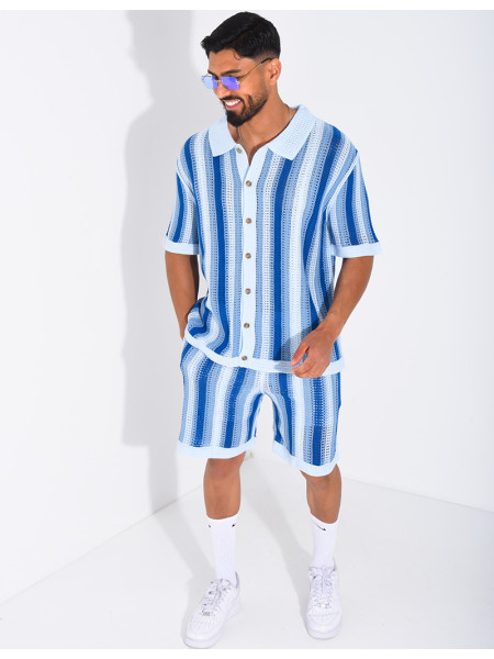 Set aus Shorts und kurzärmeligem, gestreiftem Hemd mit Lochmuster