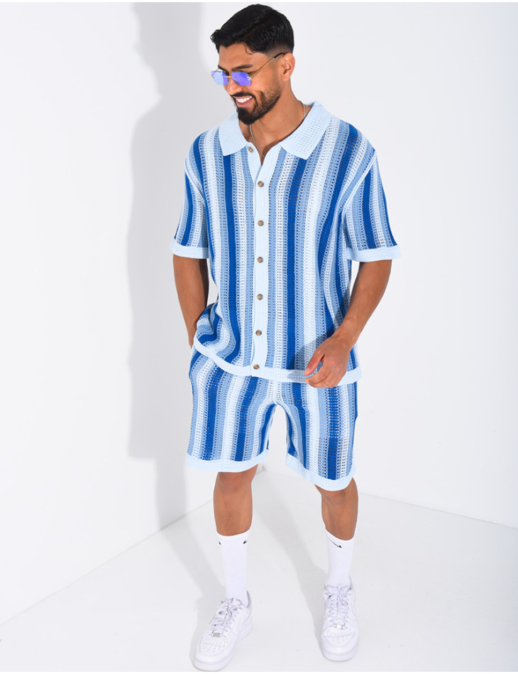Set aus Shorts und kurzärmeligem, gestreiftem Hemd mit Lochmuster