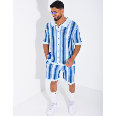 Set aus Shorts und kurzärmeligem, gestreiftem Hemd mit Lochmuster