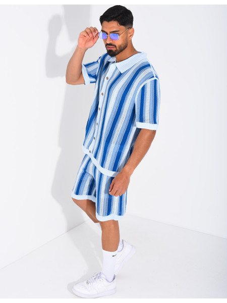 Set aus Shorts und kurzärmeligem, gestreiftem Hemd mit Lochmuster