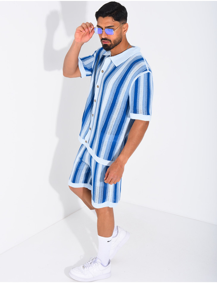 Set aus Shorts und kurzärmeligem, gestreiftem Hemd mit Lochmuster