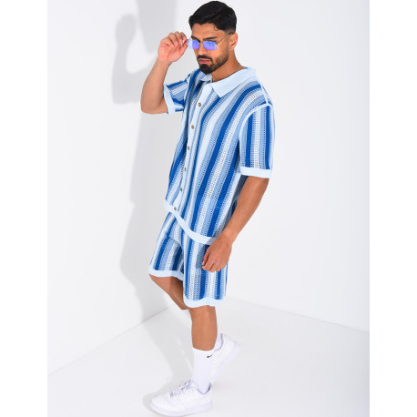 Set aus Shorts und kurzärmeligem, gestreiftem Hemd mit Lochmuster