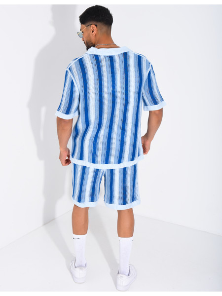 Set aus Shorts und kurzärmeligem, gestreiftem Hemd mit Lochmuster