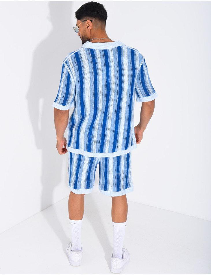 Set aus Shorts und kurzärmeligem, gestreiftem Hemd mit Lochmuster