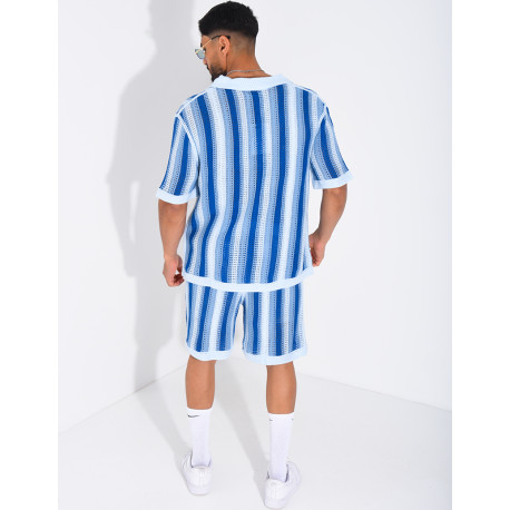 Set aus Shorts und kurzärmeligem, gestreiftem Hemd mit Lochmuster