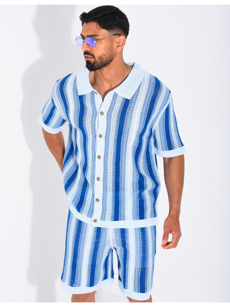 Set aus Shorts und kurzärmeligem, gestreiftem Hemd mit Lochmuster