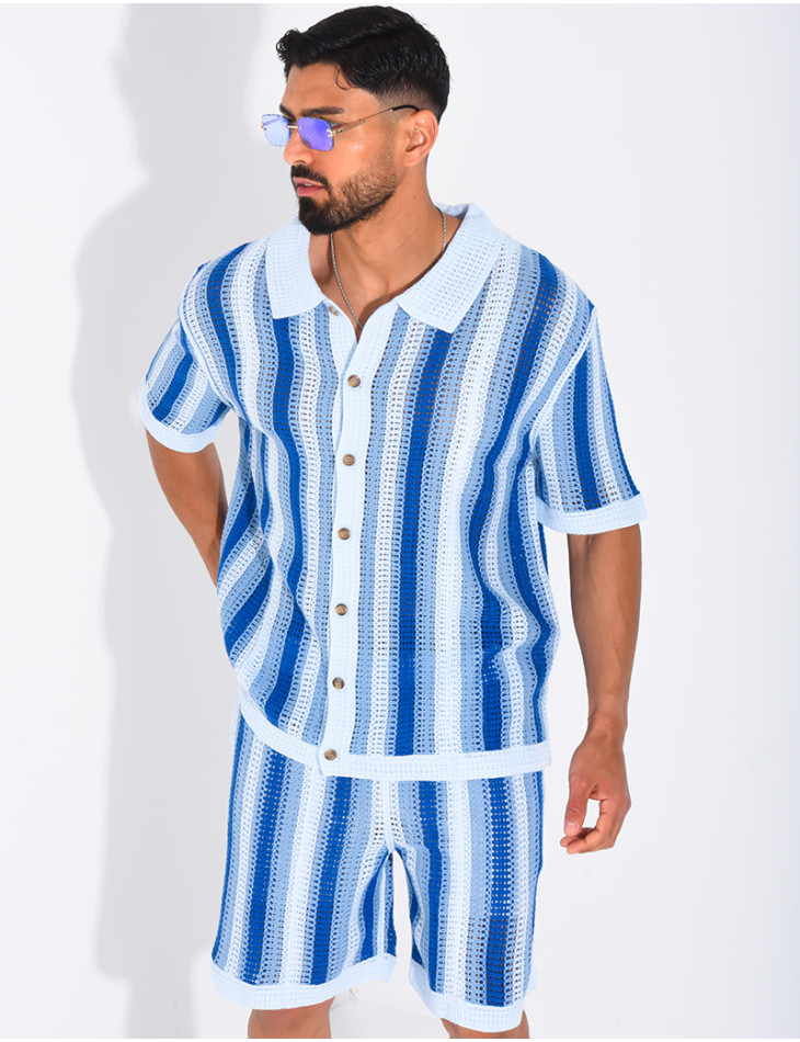 Set aus Shorts und kurzärmeligem, gestreiftem Hemd mit Lochmuster