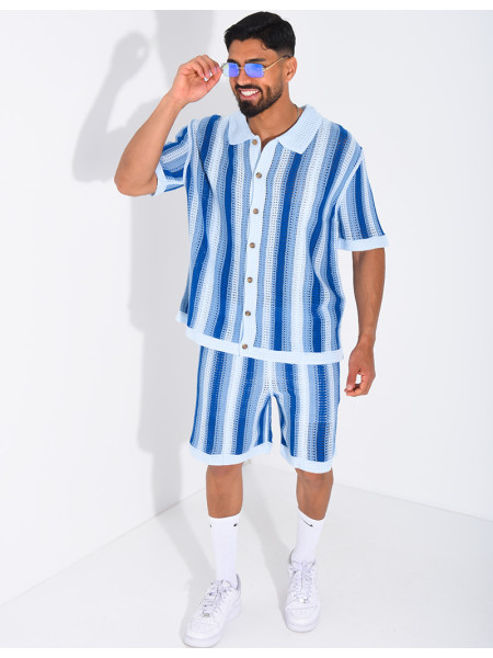 Set aus Shorts und kurzärmeligem, gestreiftem Hemd mit Lochmuster