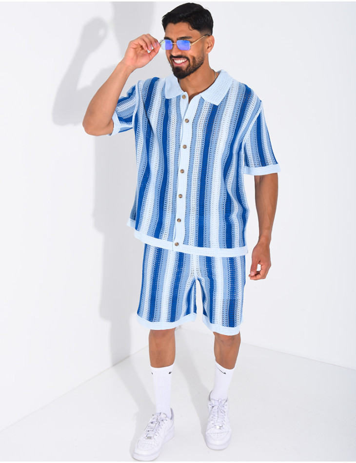 Set aus Shorts und kurzärmeligem, gestreiftem Hemd mit Lochmuster