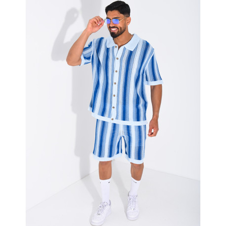Set aus Shorts und kurzärmeligem, gestreiftem Hemd mit Lochmuster