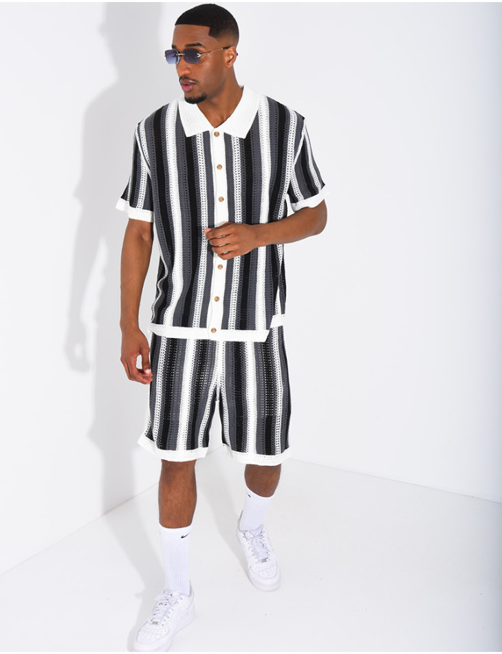 A set comprising openwork shorts and a short-sleeved striped shirt