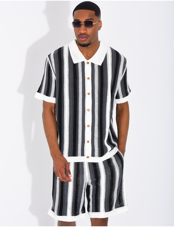 A set comprising openwork shorts and a short-sleeved striped shirt