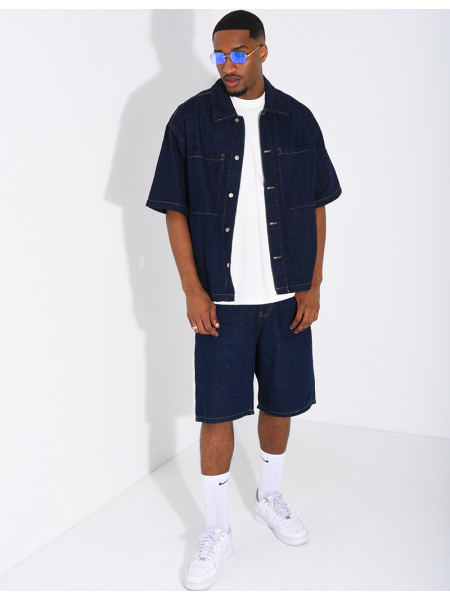 A denim shorts and shirt outfit