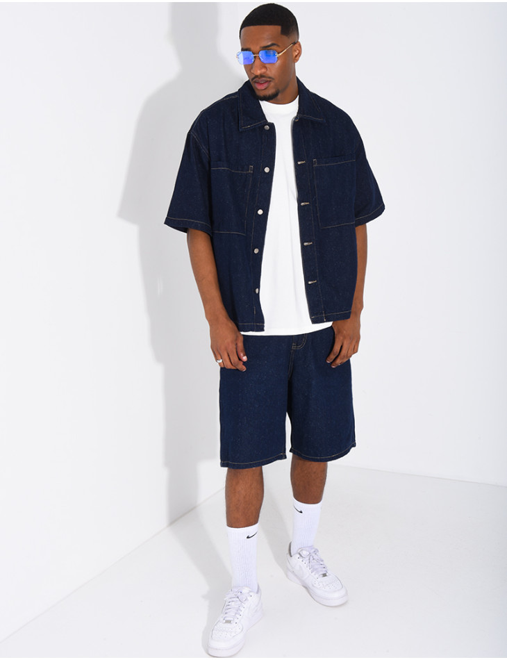 A denim shorts and shirt outfit