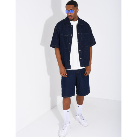 A denim shorts and shirt outfit