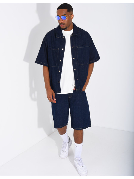 A denim shorts and shirt outfit