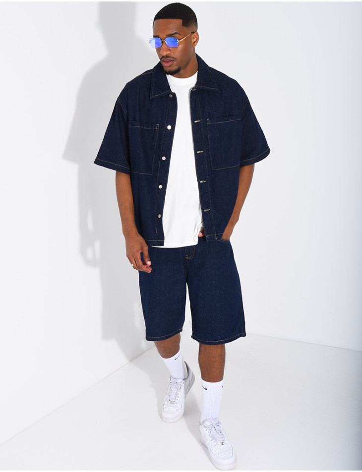 A denim shorts and shirt outfit