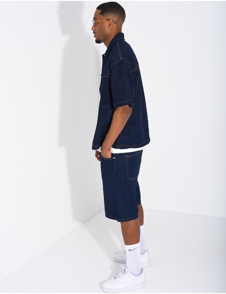 A denim shorts and shirt outfit