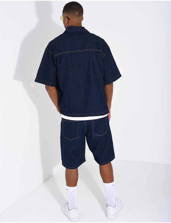 A denim shorts and shirt outfit