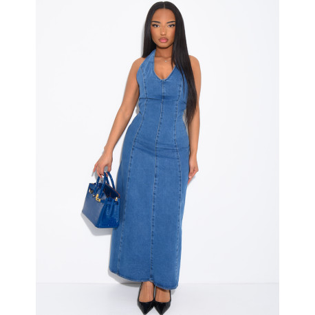 Langes, ausgestelltes Jeanskleid mit Rückenausschnitt zum Binden