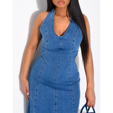 Langes, ausgestelltes Jeanskleid mit Rückenausschnitt zum Binden