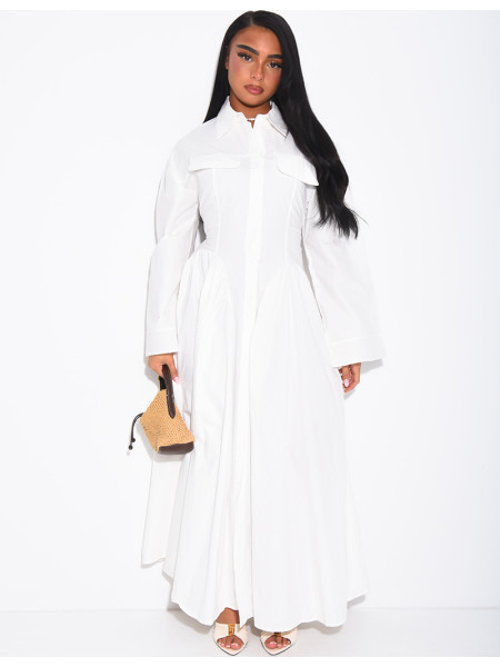 Long cotton poplin dress with a puff-effect shirt collar