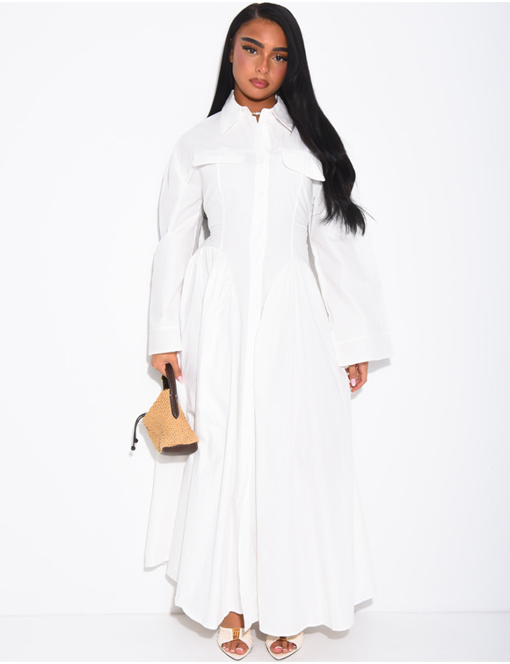 Long cotton poplin dress with a puff-effect shirt collar
