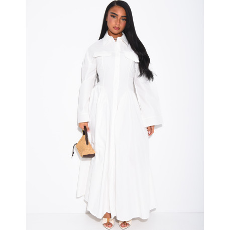 Long cotton poplin dress with a puff-effect shirt collar