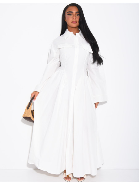 Long cotton poplin dress with a puff-effect shirt collar
